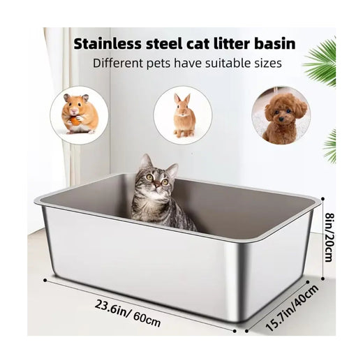 1-Piece Stainless Steel Litter Box Base Pan - 60×40×20 cm pack front