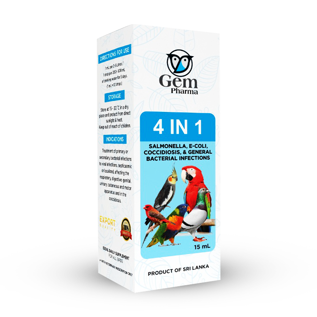 Gem Pharma 4 IN 1 product packaging for birds on a white background