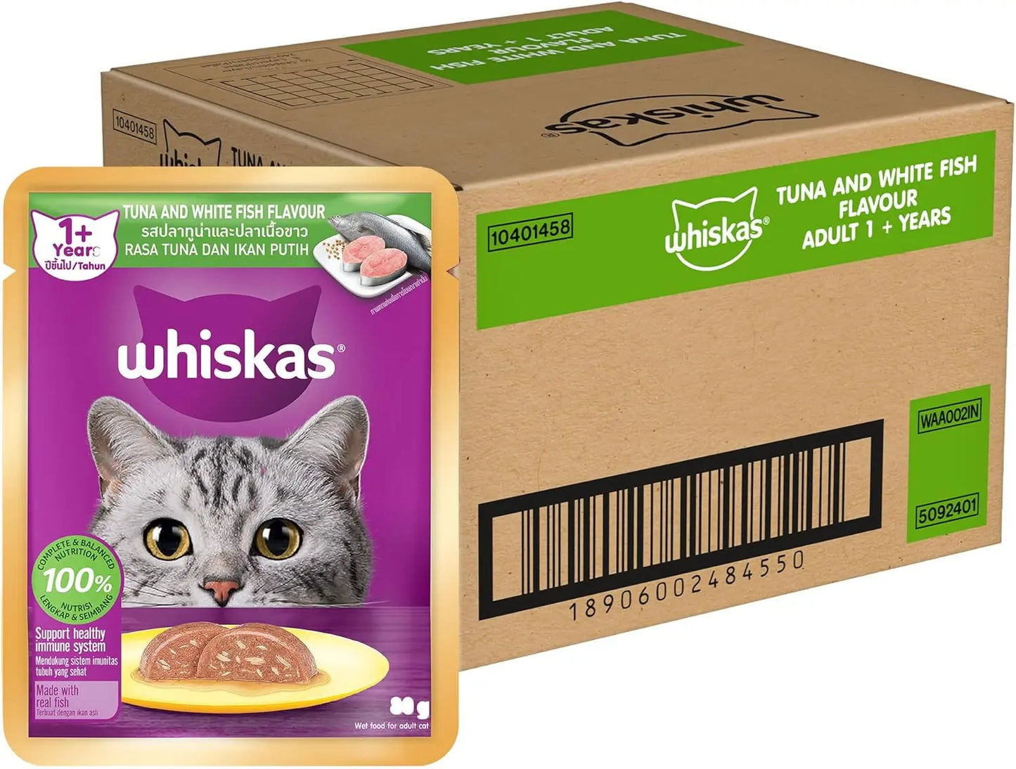 WHISKAS® Adult (1+ Years) Wet Cat Food – Tuna and White Fish 80 g × 28 Pouches pack front