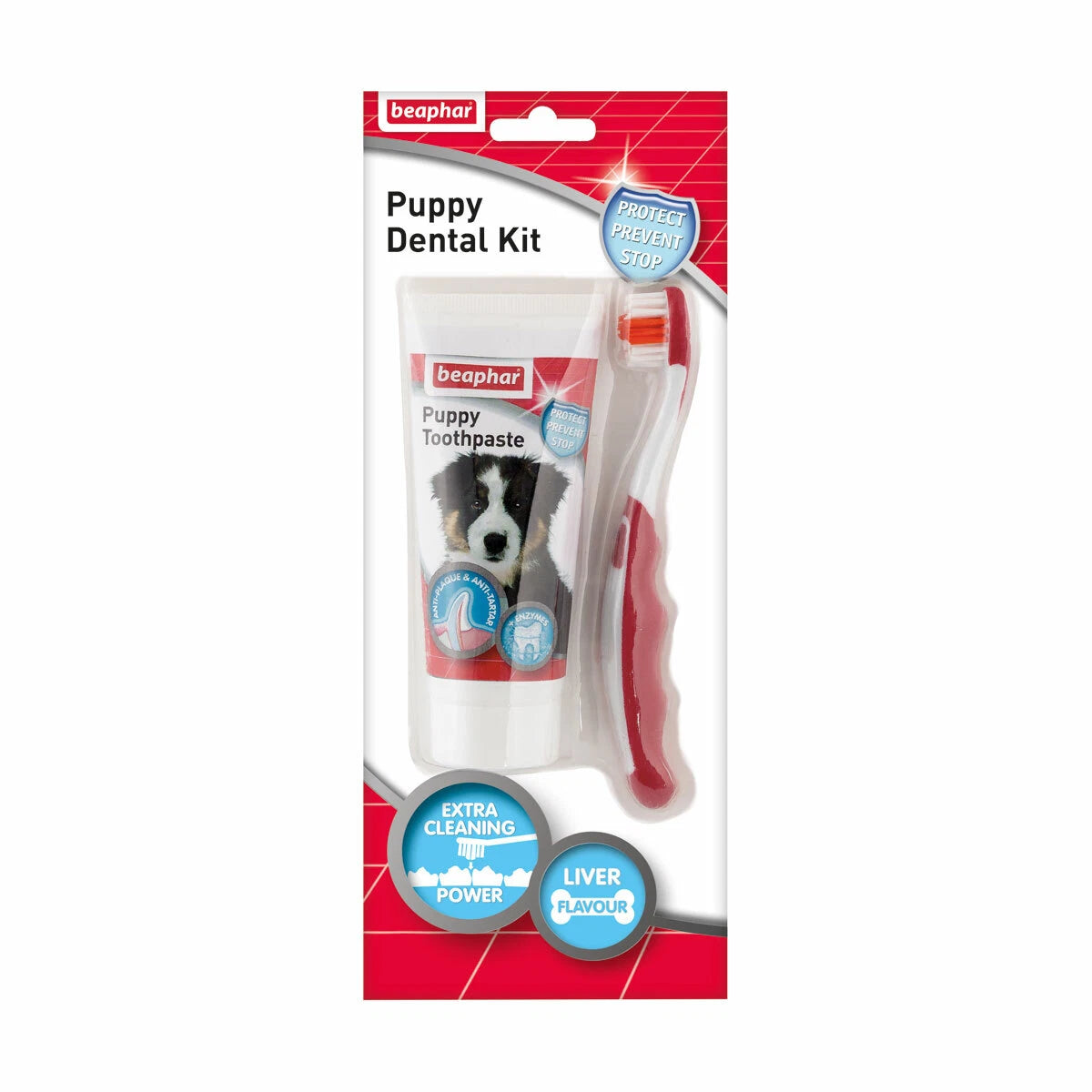 Beaphar Puppy Dental Kit packaging with toothpaste and brush on a white background