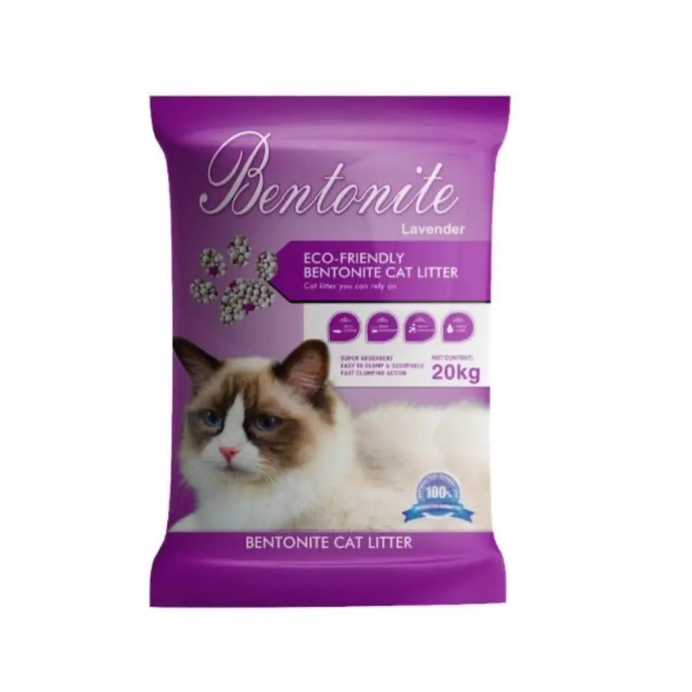 Purple package of Bentonite cat litter with a cat on the label