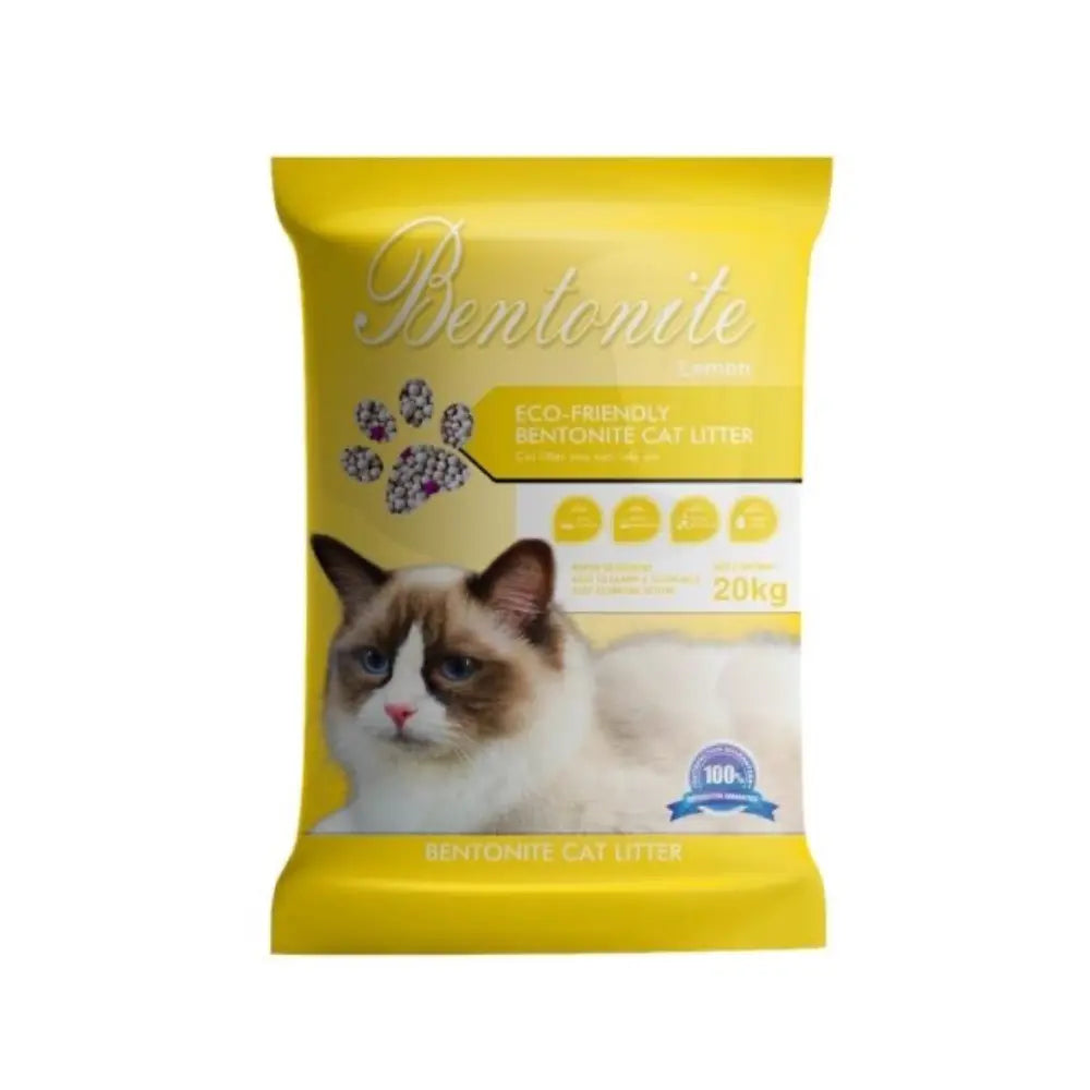 Yellow package of Bentonite cat litter with a cat on the label