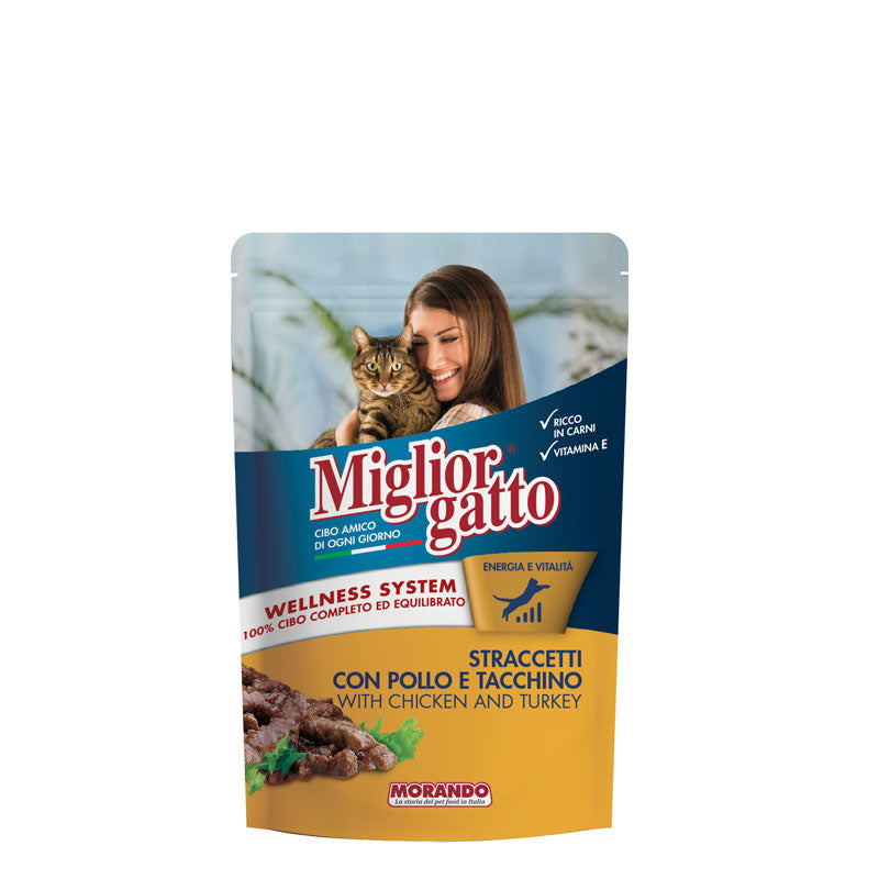 Migliorgatto Strips with Chicken and Turkey – 100g Pouch pack front
