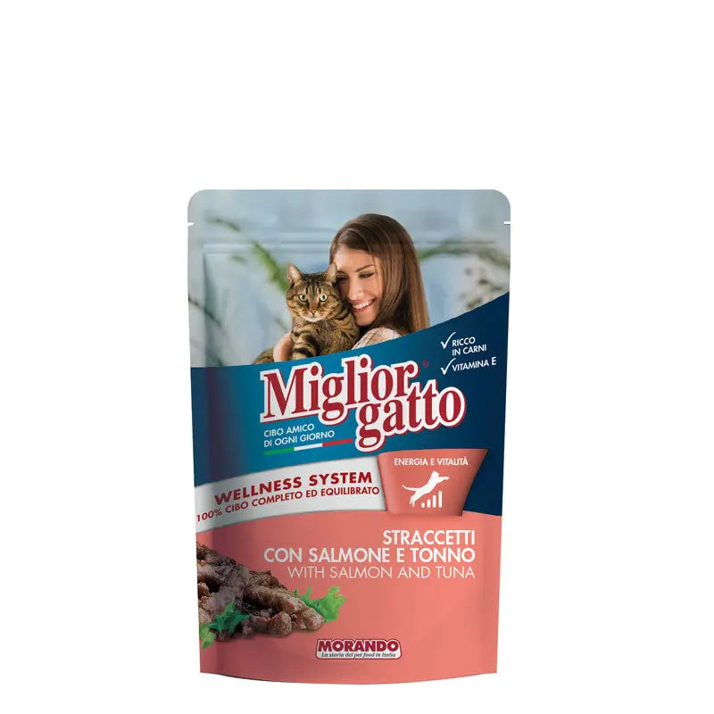 Migliorgatto Strips with Salmon and Tuna – 100 g Pouch pack front
