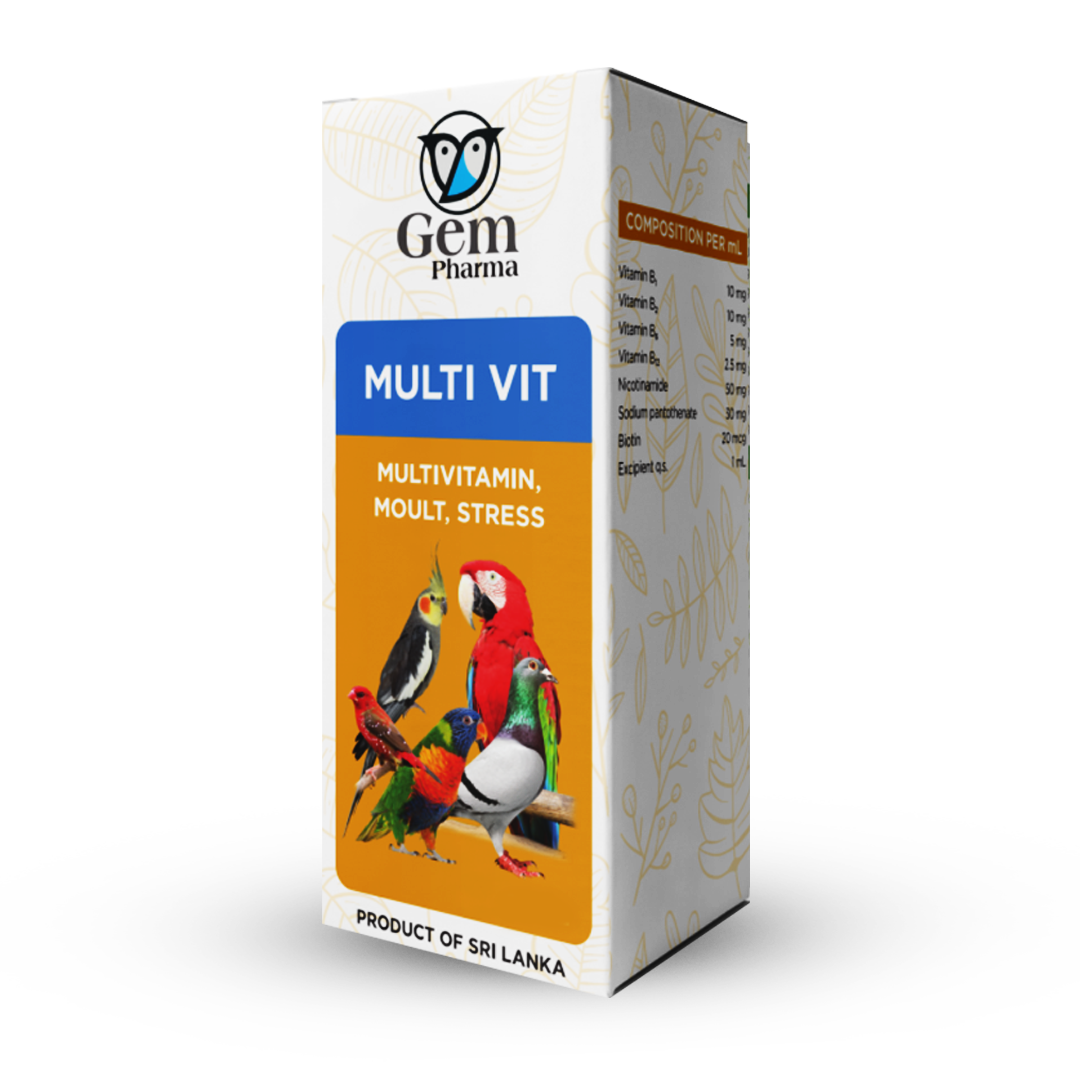 Gem Pharma Multi Vit supplement box for birds on a white background