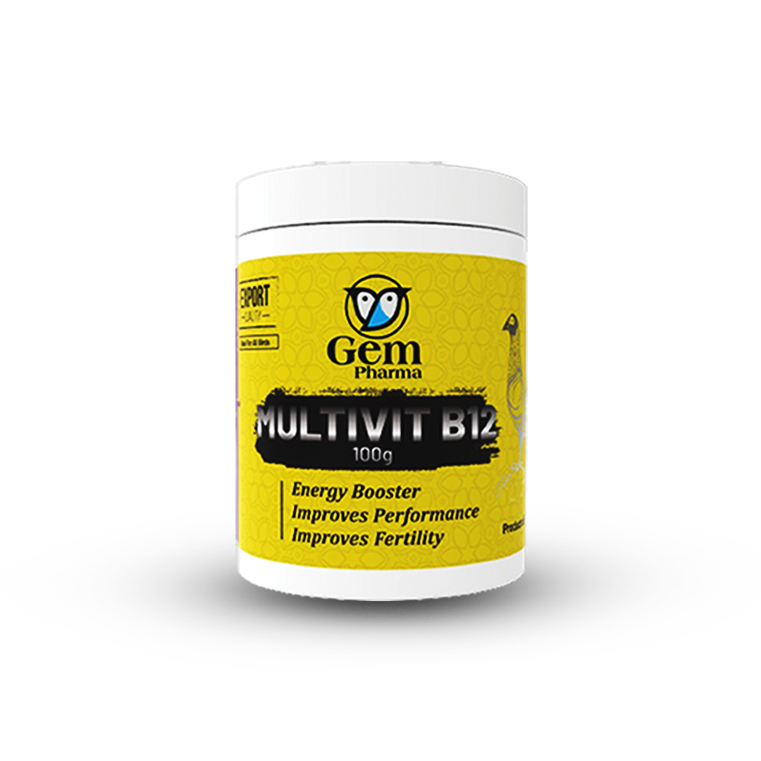 Yellow and white container of Gem Pharma Multivit B12 supplement on a white background