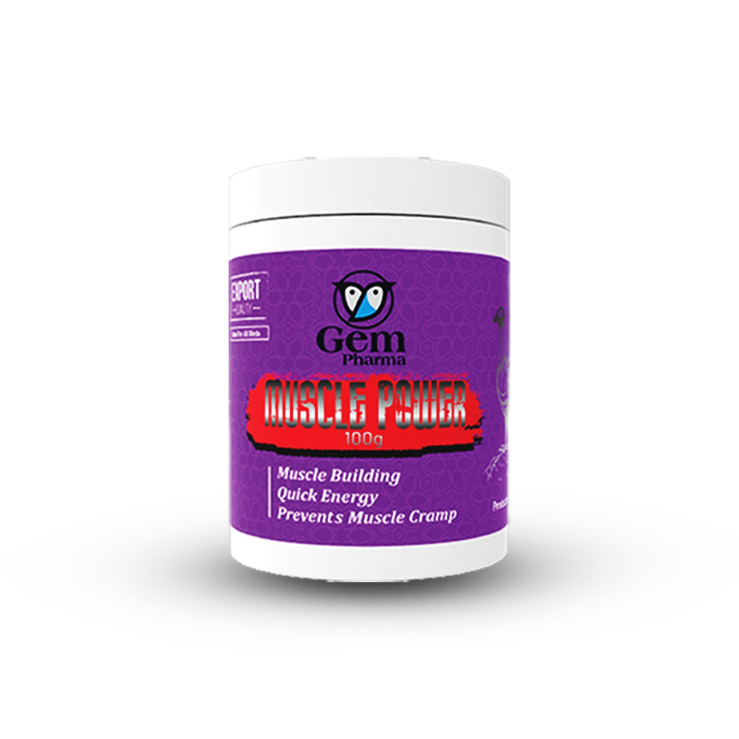 Purple container of Gem Pharma Muscle Power supplement on a white background