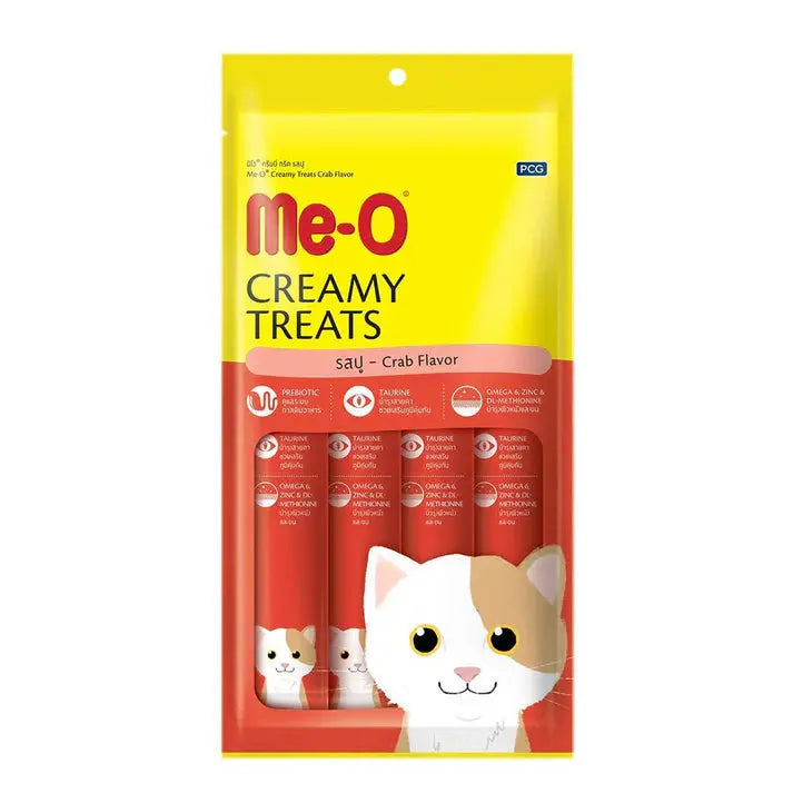 Pack of me-o creamy treats with cat illustration on yellow and red background