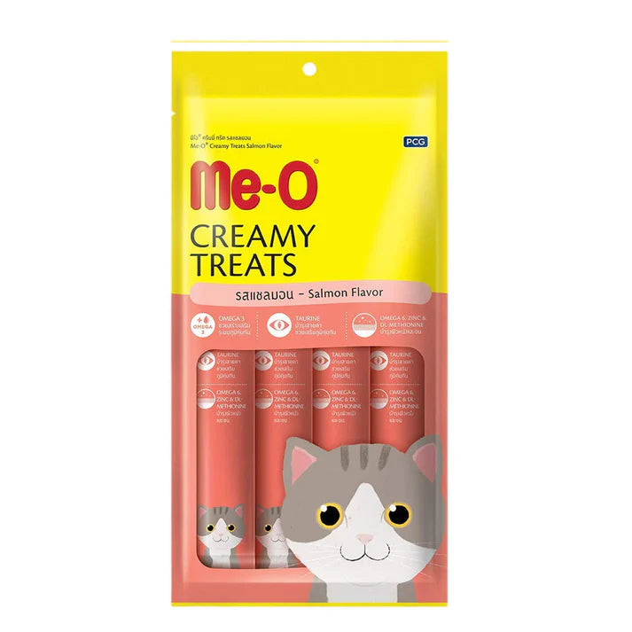 Pack of Me-O creamy treats for cats with a yellow and pink design.