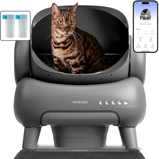 Cat litter box with a cat inside, smartphone app interface, and cat litter packaging on a white background.
