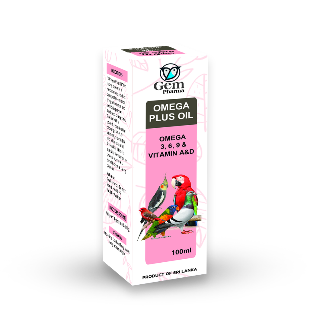 Box of Gem Pharma Omega Plus Oil with bird illustrations on a white background