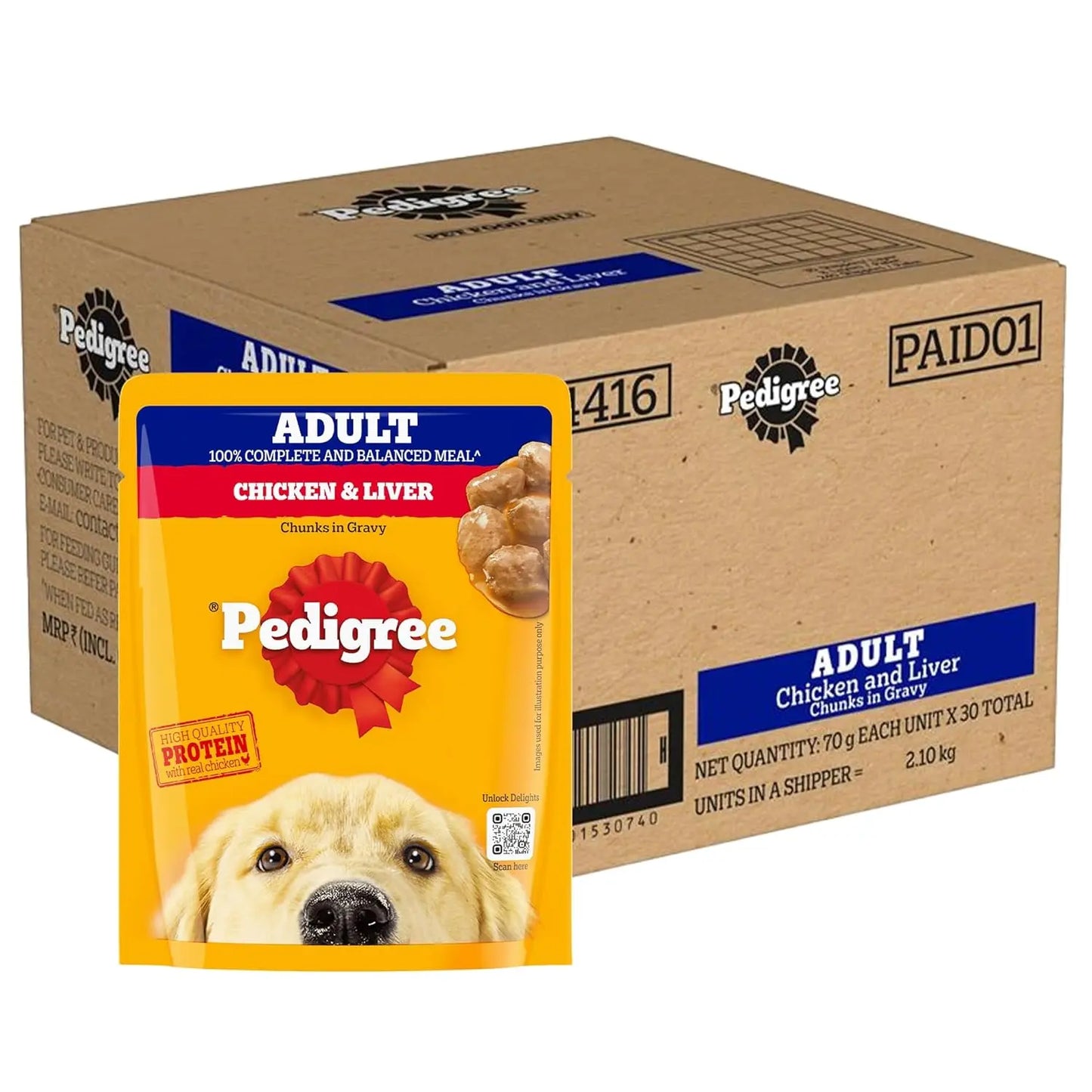 Pedigree dog food package with a cardboard box in the background