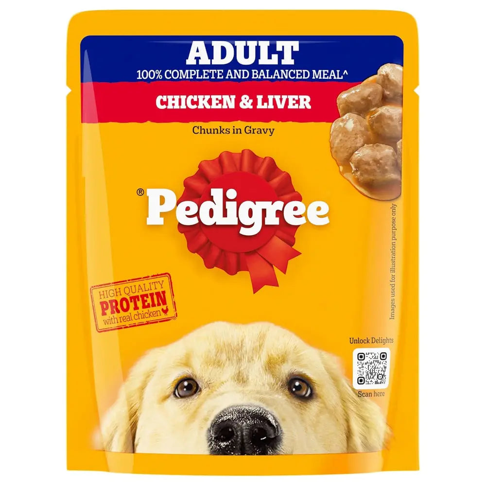 Pedigree dog food package with a yellow background and a dog's face on it.