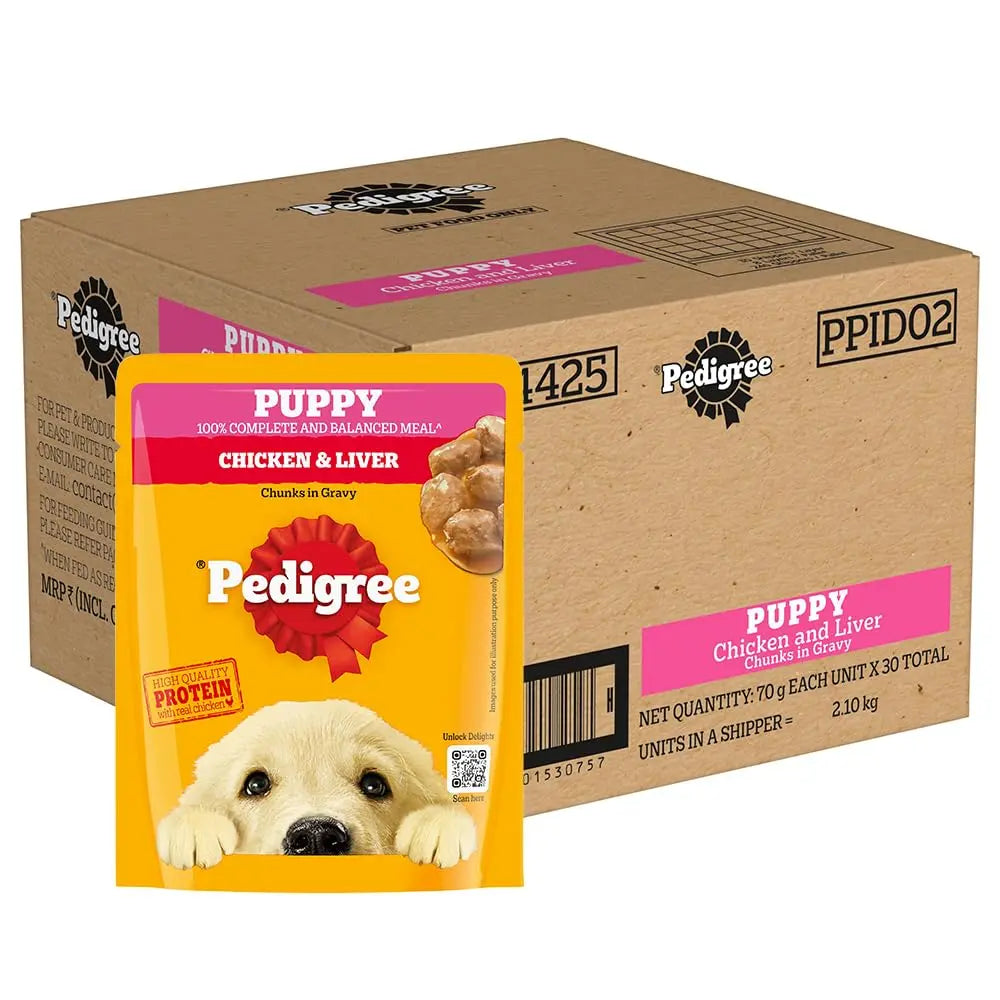Pedigree puppy food package with a box in the background