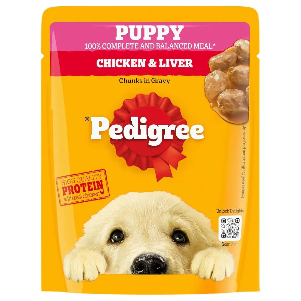 Pedigree puppy food package with a yellow background and a puppy's face on it.