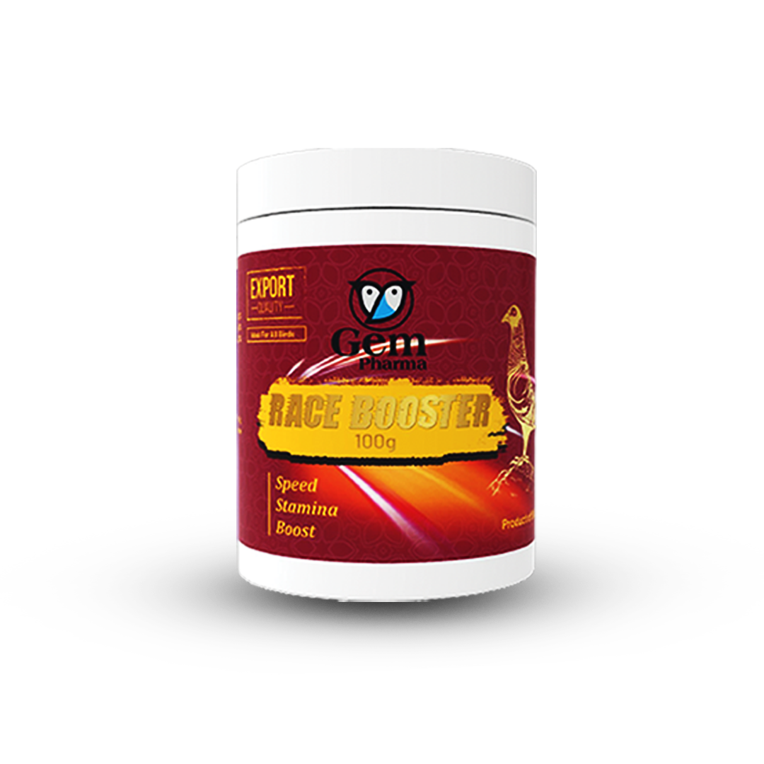 Race Booster supplement container with red label on a white background