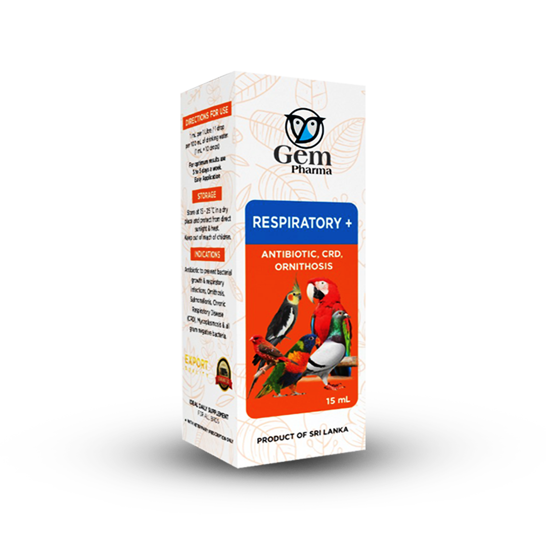 Gem Pharma respiratory + antibiotic for birds packaging on a white background
