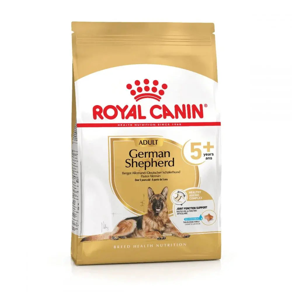 Royal Canin German Shepherd adult dog food packaging on a white background