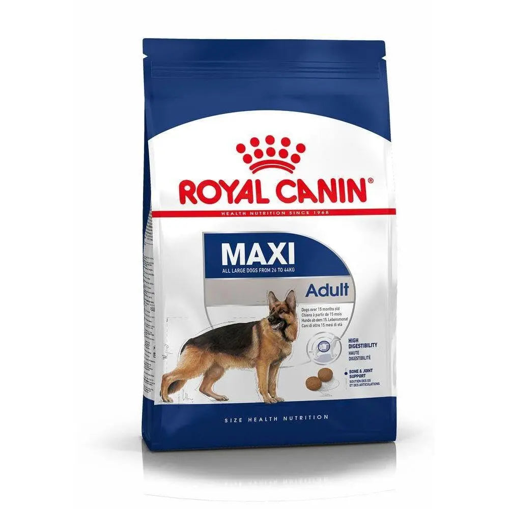 Royal Canin Maxi Adult dog food packaging on a white background