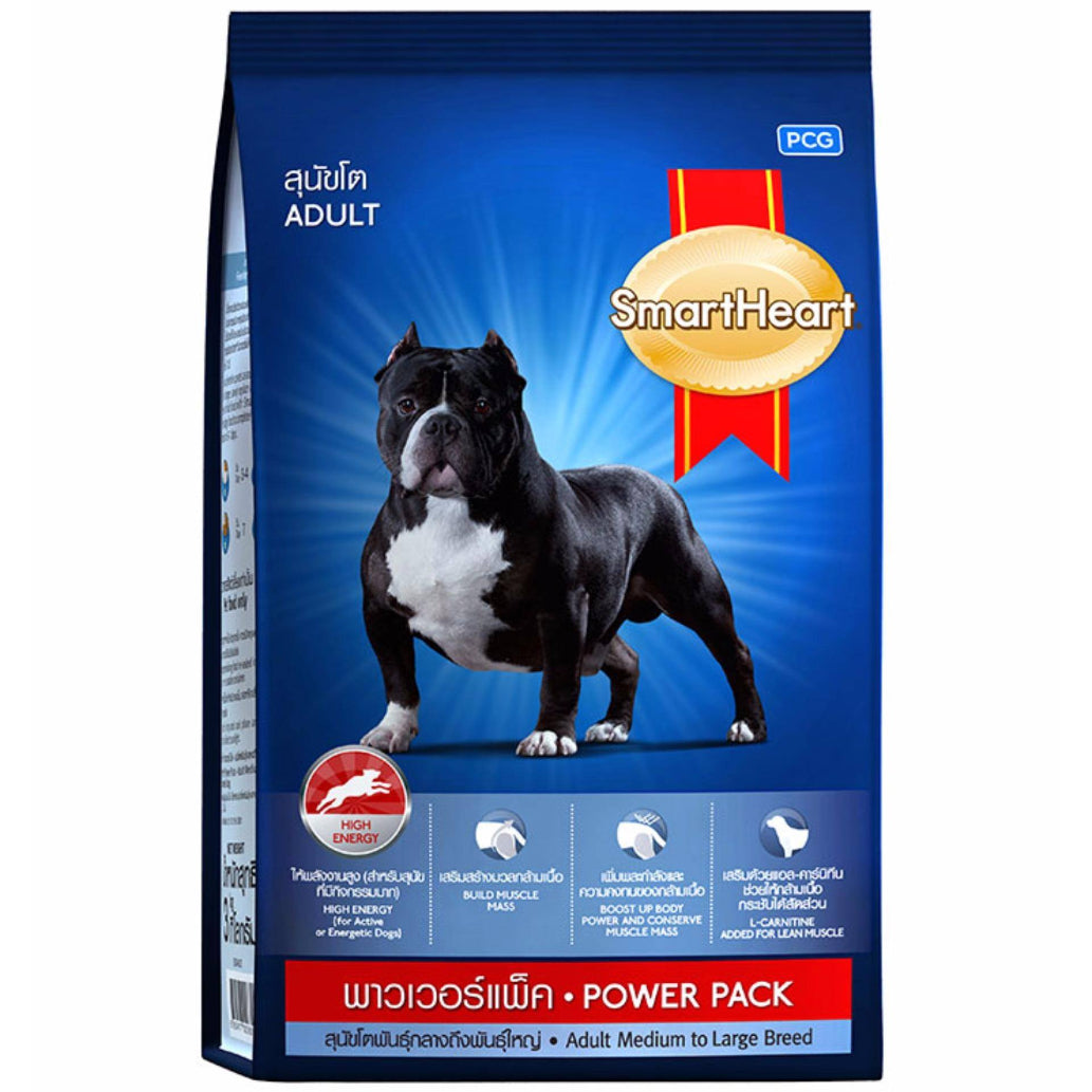 Dog food package with a black and white dog on a blue background, featuring the SmartHeart brand.