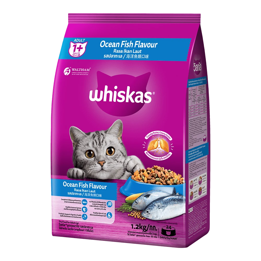 Whiskas Ocean Fish Flavour cat food package on a white background