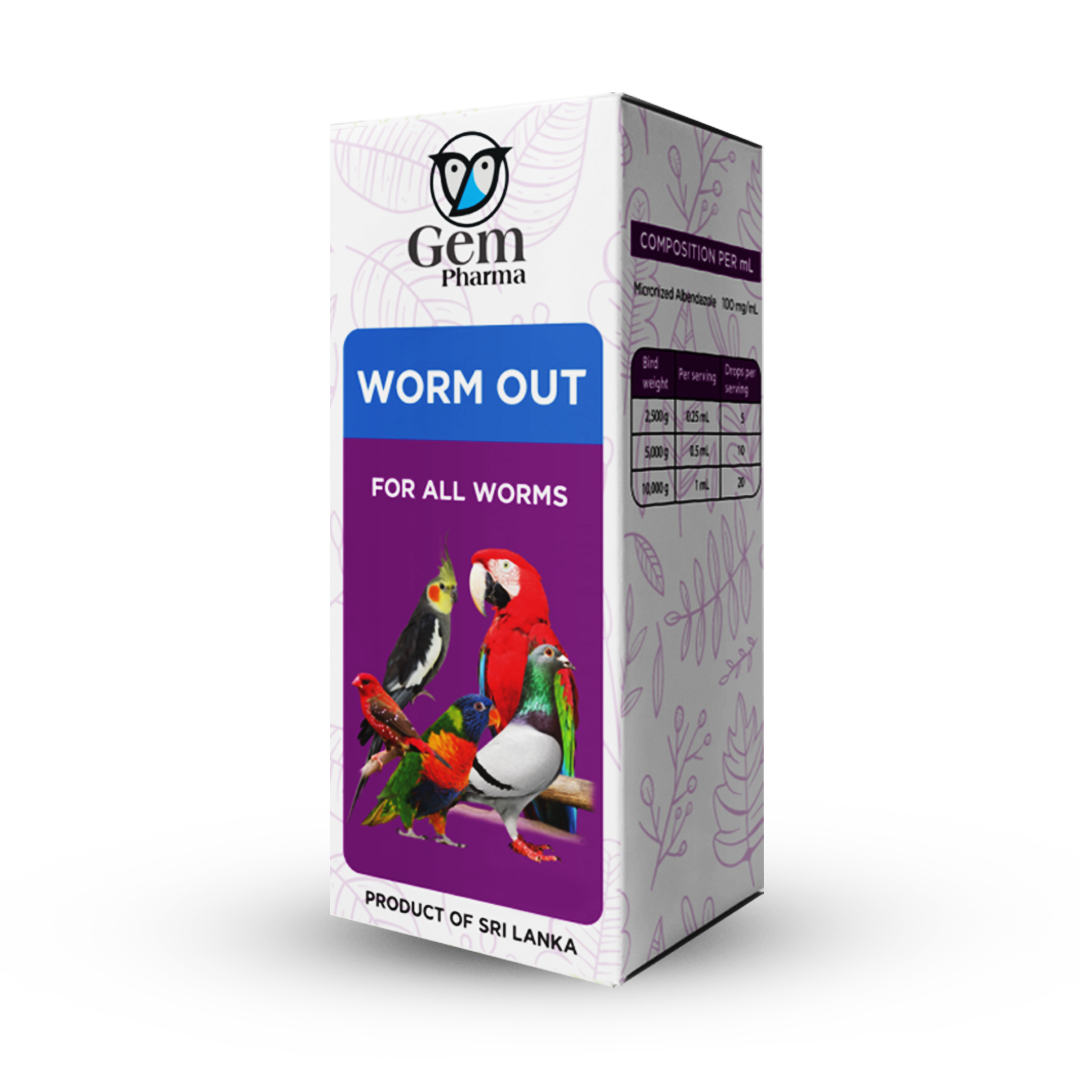 Gem Pharma worm-out product packaging for birds on a white background