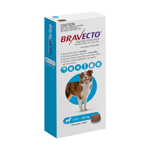 Bravecto Chew for Dogs 20–40 kg (1000 mg) – 1 Tablet pack front