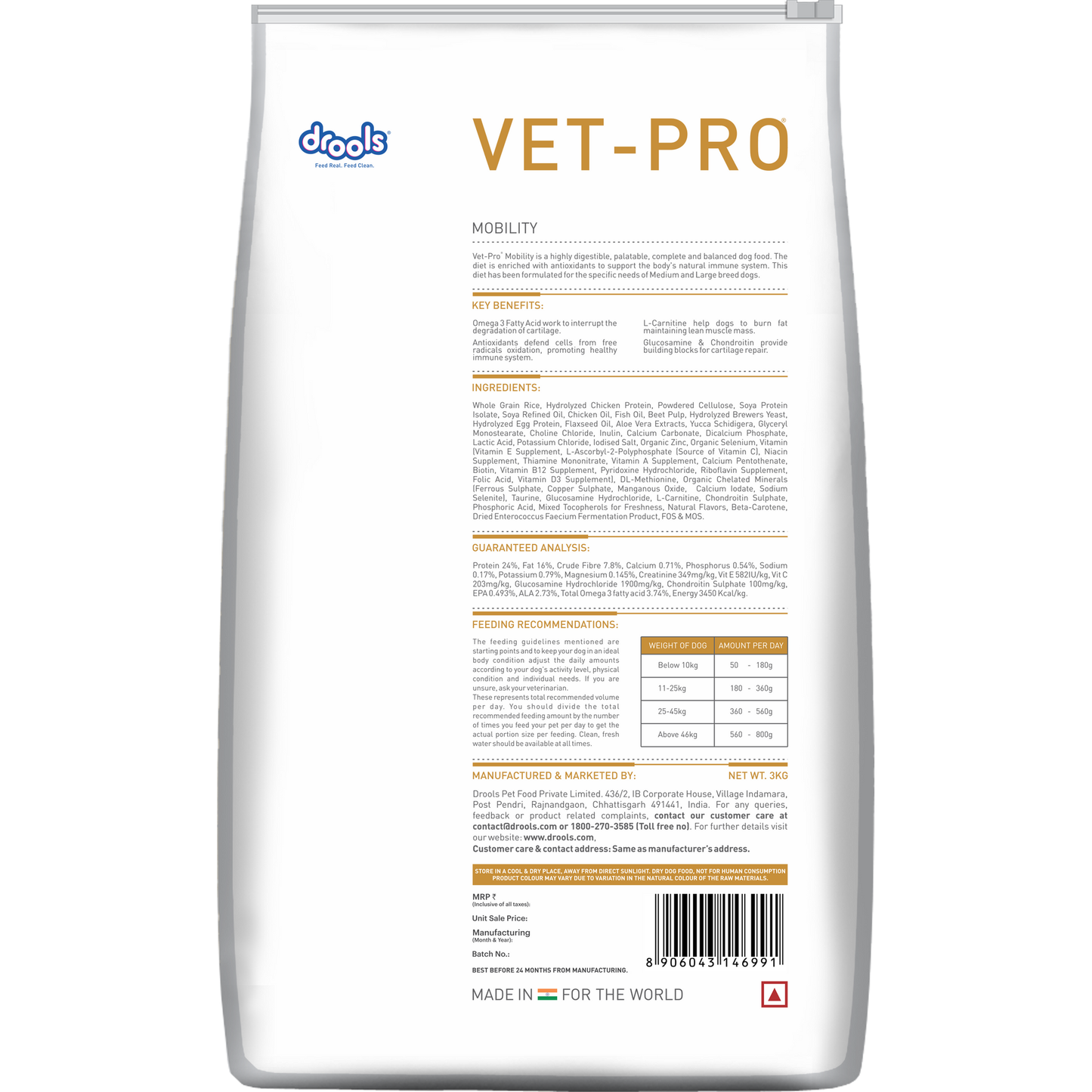 VET-PRO Mobility Dry Dog Food 3kg – back of pack