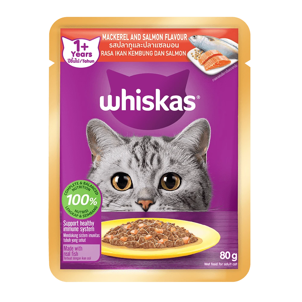 Whiskas cat food pouch with a purple background and a gray cat on it.