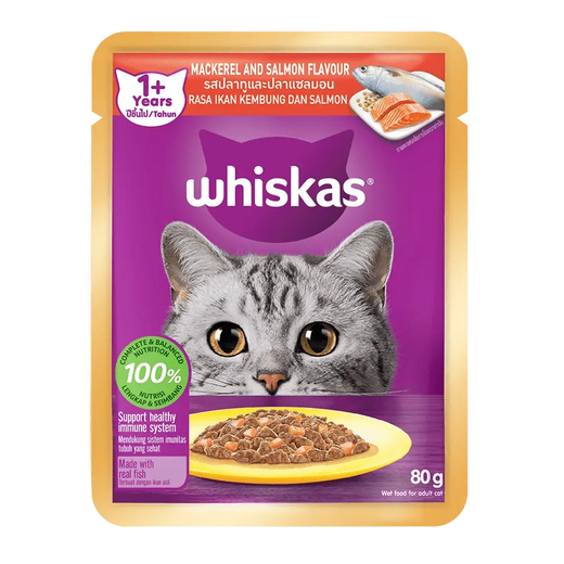 WHISKAS® Adult Mackerel and Salmon Feast – 80 g × 28 Pouches
