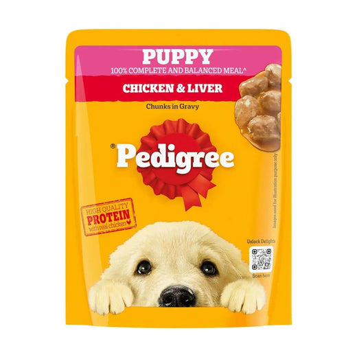 PEDIGREE® Puppy Chicken and Liver Chunks with Vegetables in Gravy – 70 g Pouch pack front