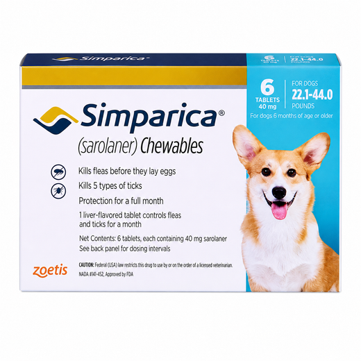 Simparica sarolaner 40mg chewables for dogs 6 tablets pack front