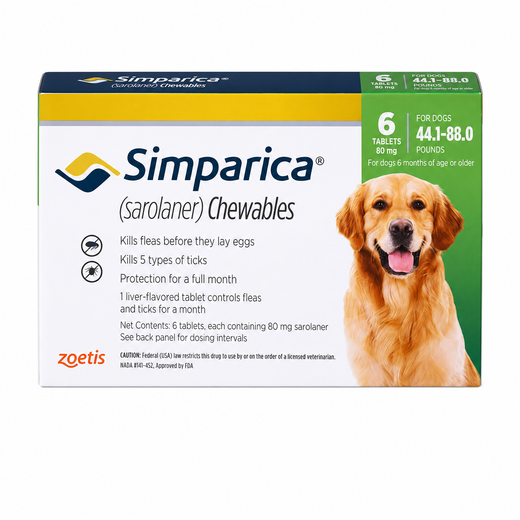 Simparica sarolaner 80mg chewables for dogs 6 tablets pack front
