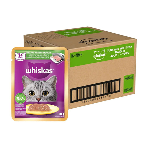 WHISKAS® Adult (1+ Years) Wet Cat Food - Tuna and White Fish 80 g × 28 Pouches pack front