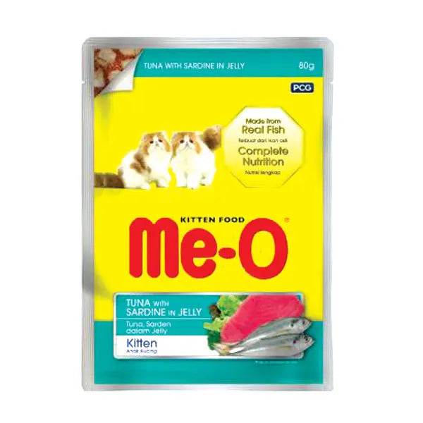 Me‑O Tuna and Sardine Feast in Jelly Pouch – 80 g × 12 Pouches pack front
