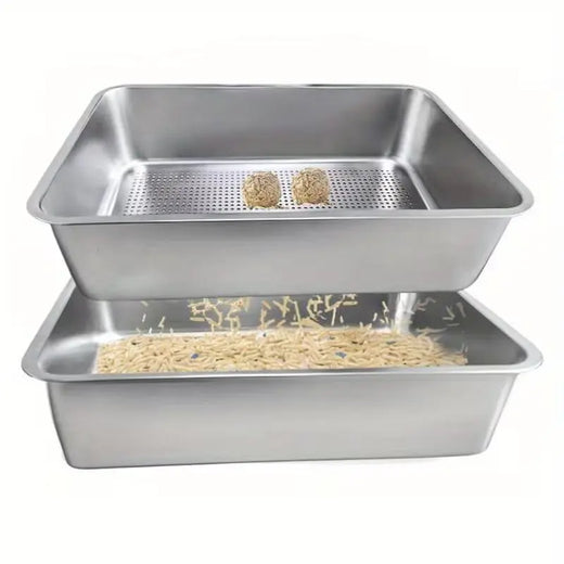 2-Piece Stainless Steel Sifter Litter Box - Base Pan + Sifter Pan (60×40×20 cm)