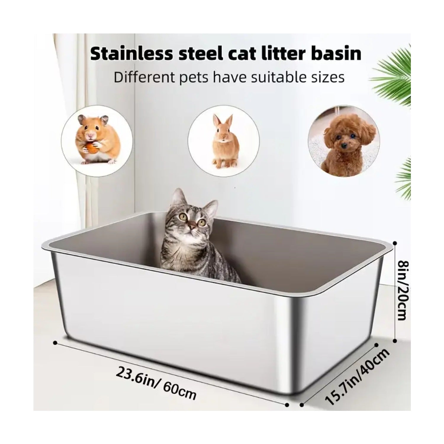 1-Piece Stainless Steel Litter Box Base Pan - 60×40×20 cm pack front