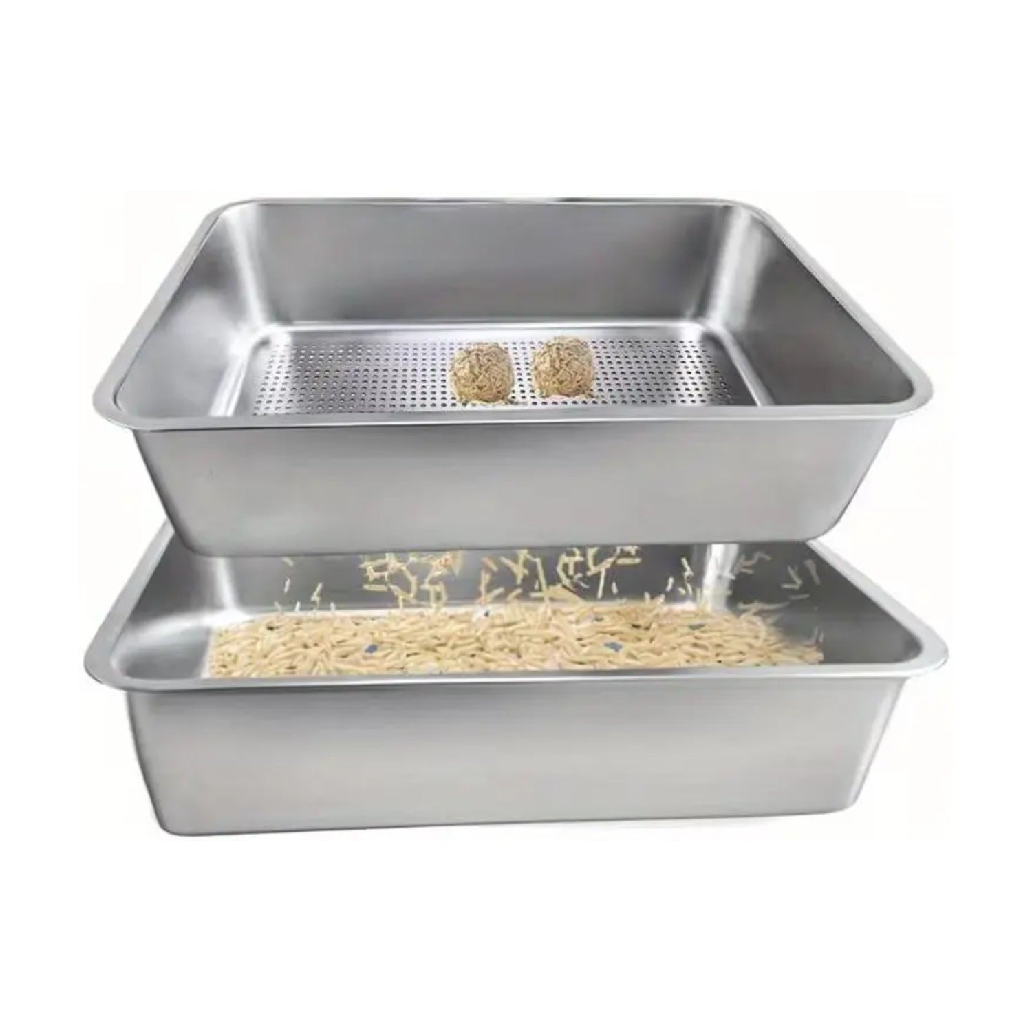2-Piece Stainless Steel Sifter Litter Box - Base Pan + Sifter Pan (60×40×20 cm) pack front