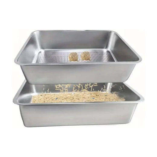 2-Piece Stainless Steel Sifter Litter Box - Base Pan + Sifter Pan (60×40×20 cm) pack front
