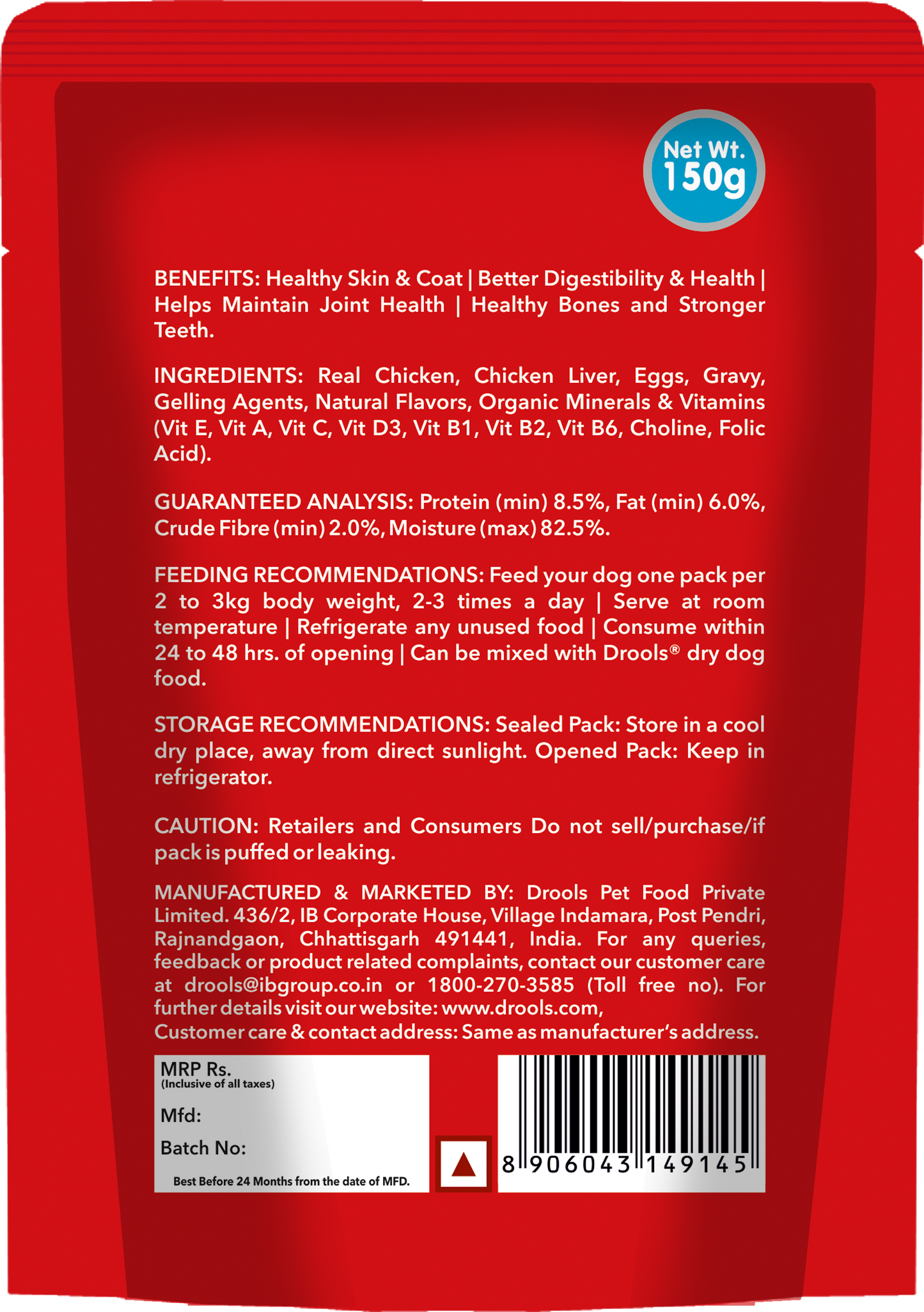 Drools Adult Wet Dog Food – Real Chicken & Chicken Liver in Gravy, 150 g
