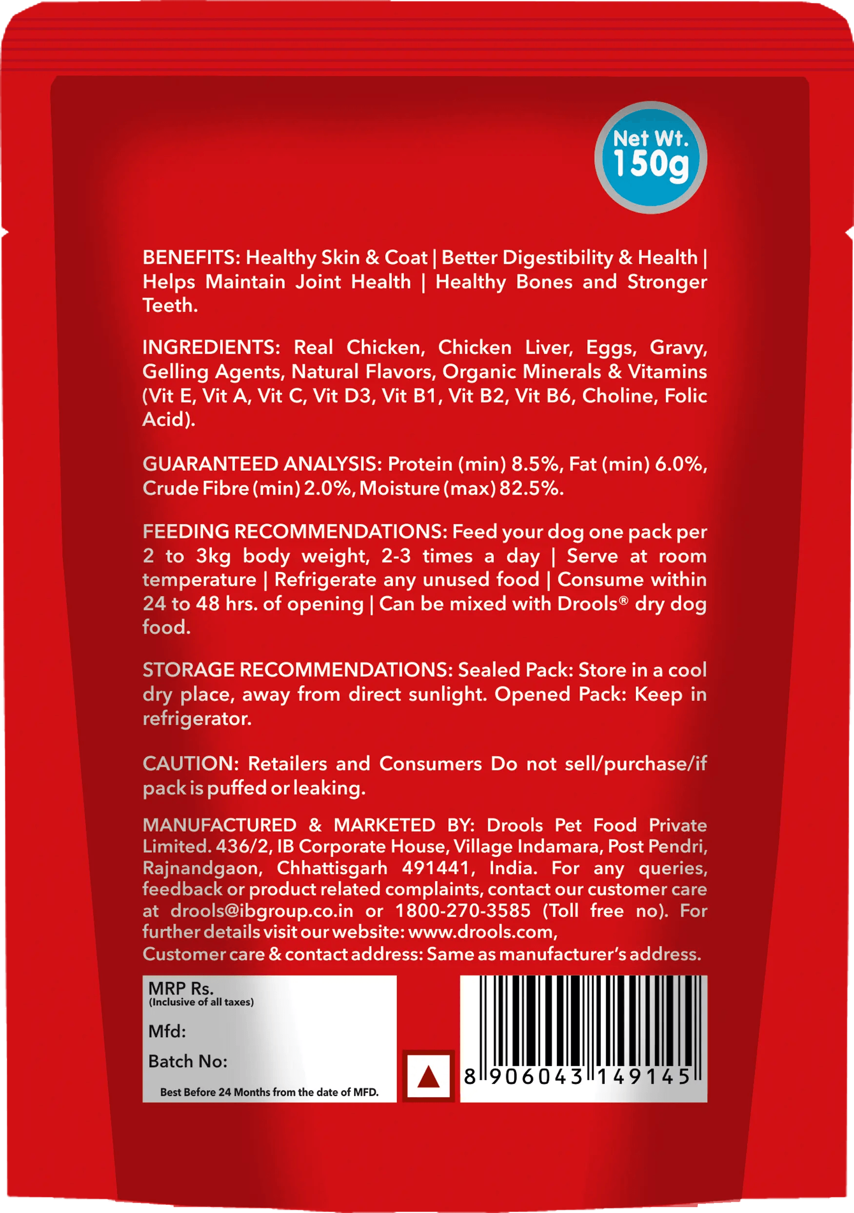 Drools Adult Wet Dog Food – Real Chicken & Chicken Liver in Gravy, 150 g
