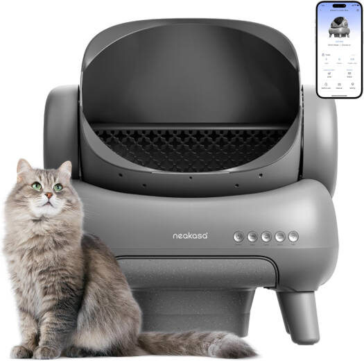 Cat litter box with a cat sitting next to it and a smartphone displaying an app interface.