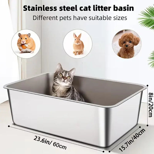 1-Piece Stainless Steel Litter Box Base Pan — 60×40×20 cm