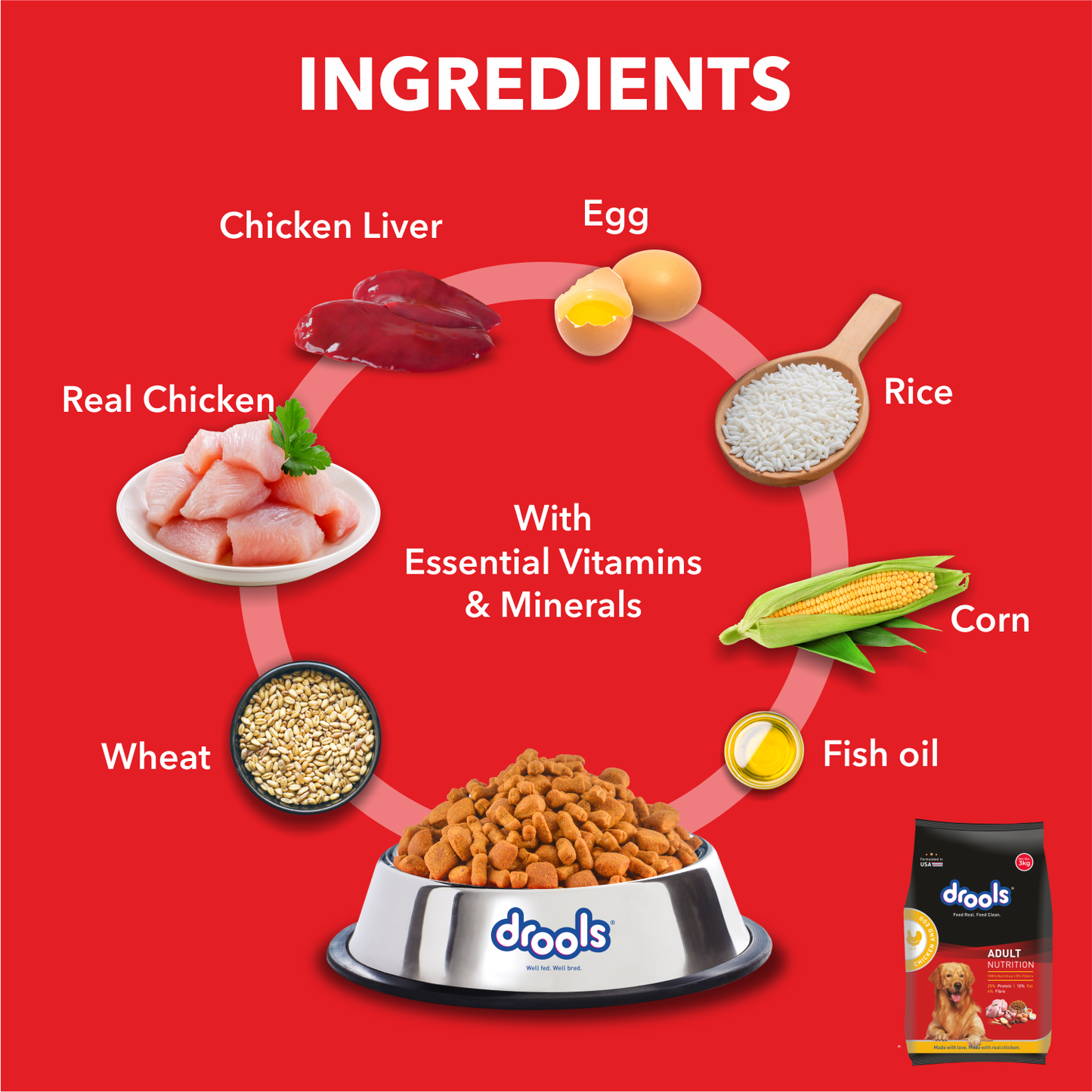 Drools Chicken and Egg Adult Dog Food – 3kg + Free 1.2kg