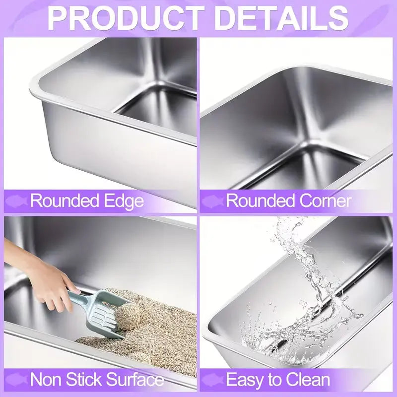 1-Piece Stainless Steel Litter Box Base Pan — 60×40×20 cm