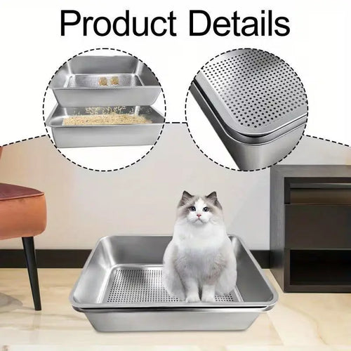 2-Piece Stainless Steel Sifter Litter Box - Base Pan + Sifter Pan (60×40×20 cm)