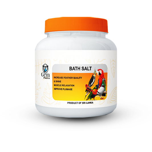 Bath salt container with orange lid and bird illustration on a white background