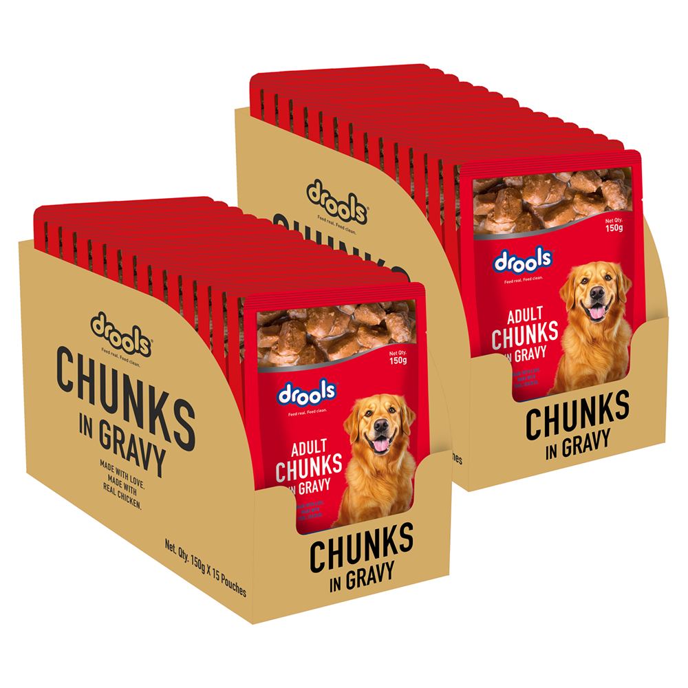 Drools Adult Real Chicken & Chicken Liver Chunks in Gravy – 150g x 30 pouch box