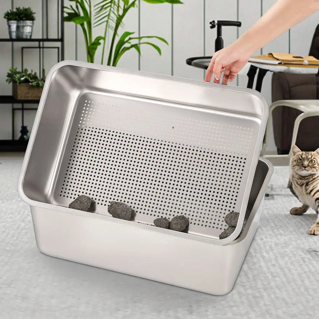 2-Piece Stainless Steel Sifter Litter Box - Base Pan + Sifter Pan (60×40×20 cm)