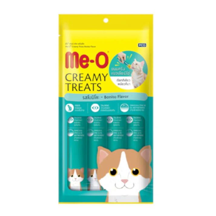 Packaging of Me-O Creamy Treats for cats on a white background